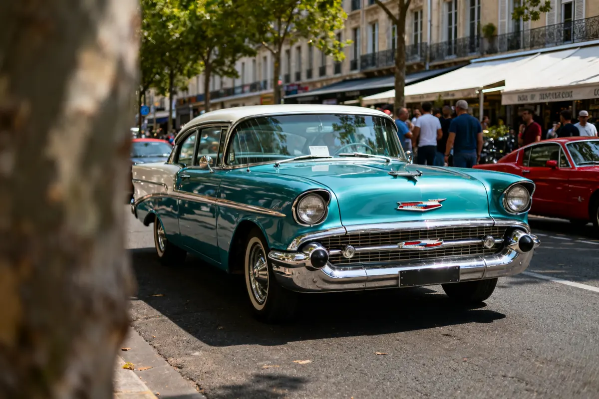 Voiture classique Chevrolet Bel Air 56 turquoise garée dans une rue animée