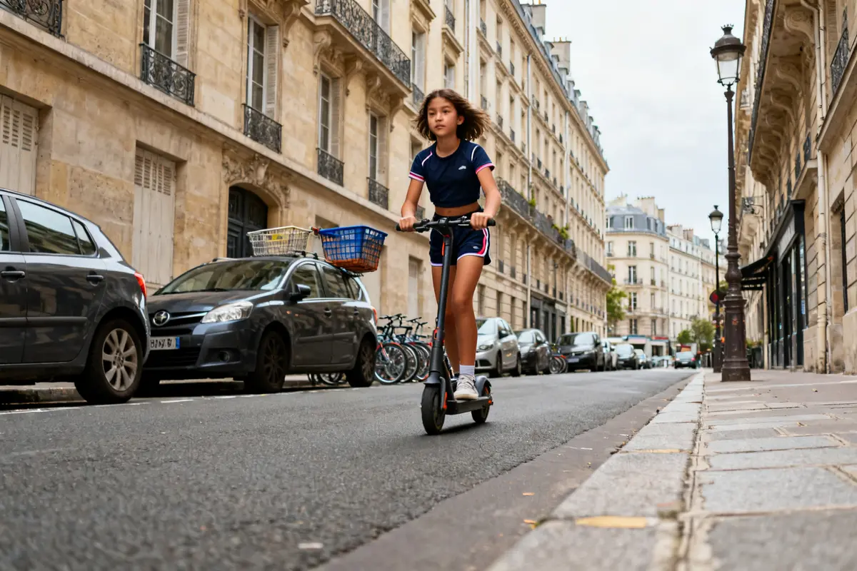 Jeune fille en trottinette électrique en ville illustrant edpm signification mobilité urbaine innovante