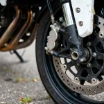 Gros plan sur frein avant moto avec disque et étrier en métal noir et gris