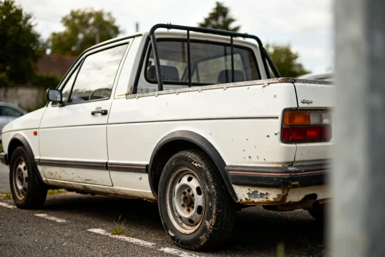 Vieux modèle de golf 1 pickup blanc en stationnement avec carrosserie usée