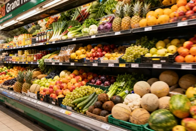 Rayon coloré de fruits et légumes variés chez Grand Frais la Riche rayonnant de fraîcheur