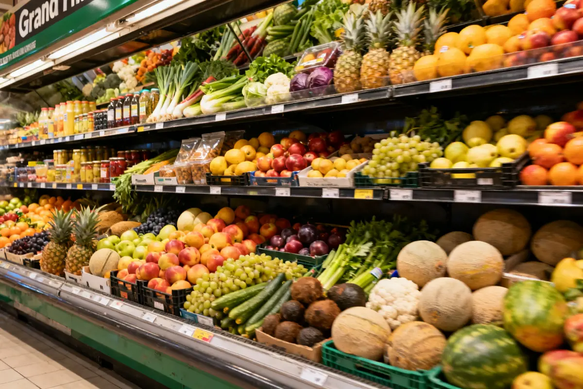 Rayon coloré de fruits et légumes variés chez Grand Frais la Riche rayonnant de fraîcheur