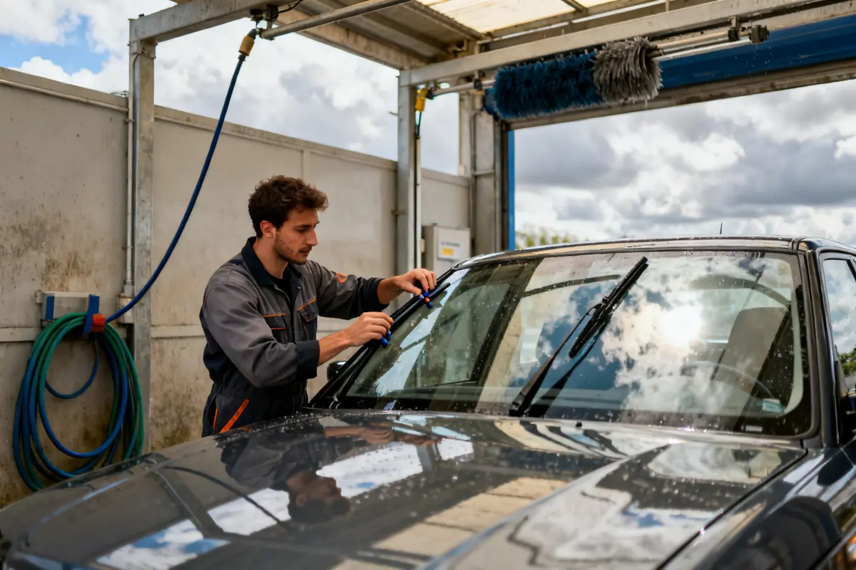 Homme nettoyant pare-brise d'une voiture dans un centre how to wash a car in a car wash