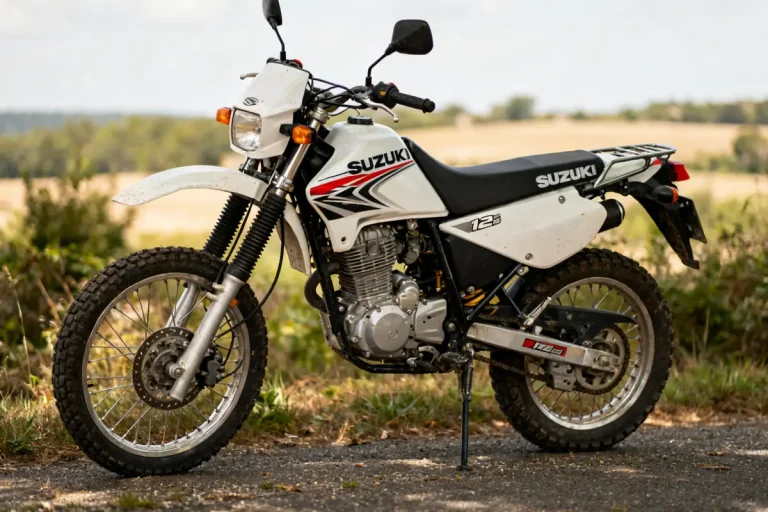 Moto Suzuki Cross 125 blanche stationnée sur route avec décor de campagne verdoyant en arrière-plan