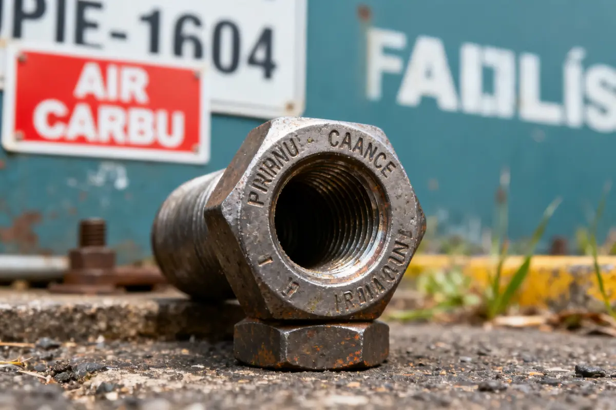 Vis d'air carbu en gros plan devant panneau industriel rouillé