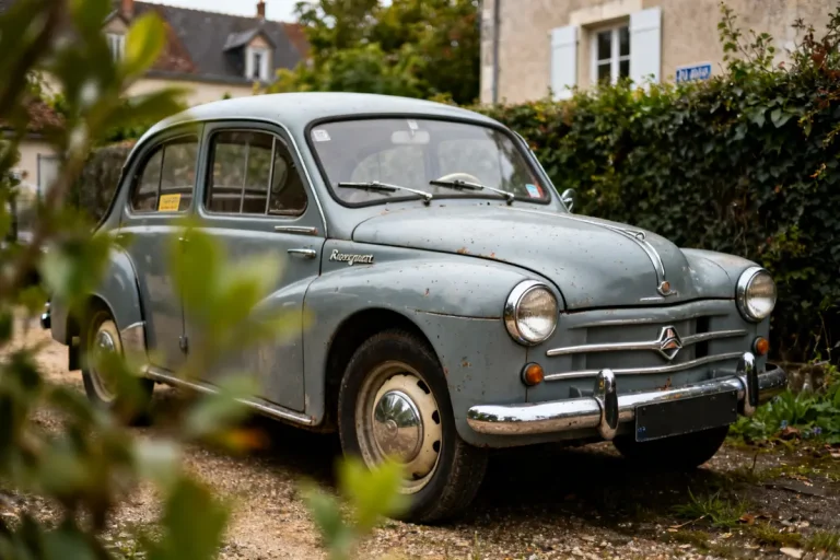 Voiture Rosengart 1950 grise garée sur une allée, entourée de feuillage et maison.