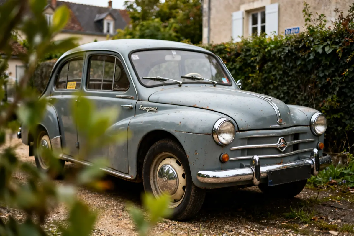 Voiture Rosengart 1950 grise garée sur une allée, entourée de feuillage et maison.