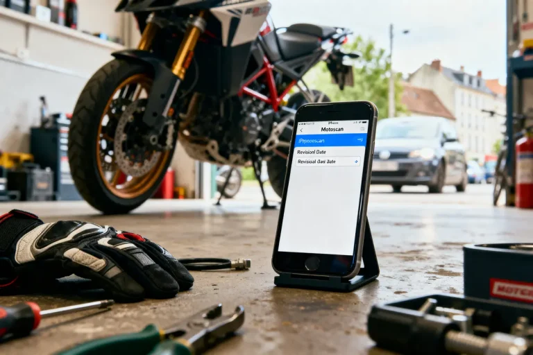 Smartphone avec application de diagnostic moto, outils et moto dans un garage lumineux.