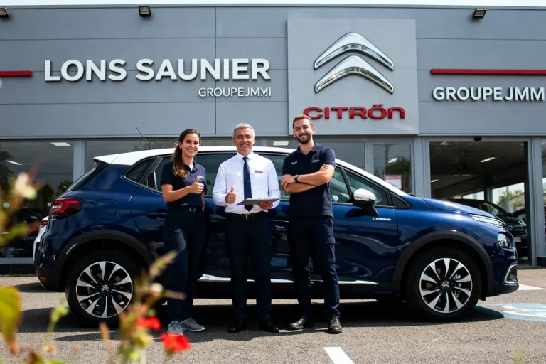 Trois personnes souriantes devant une concession Citroën avec un véhicule bleu.