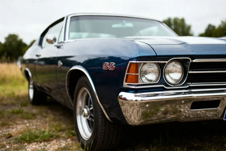 Voiture classique bleue avec badge "SS" et phares circulaires, garée sur l'herbe.