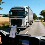 Vue intérieure d'un camion, GPS affiché, croisant un autre camion sur une route de campagne.