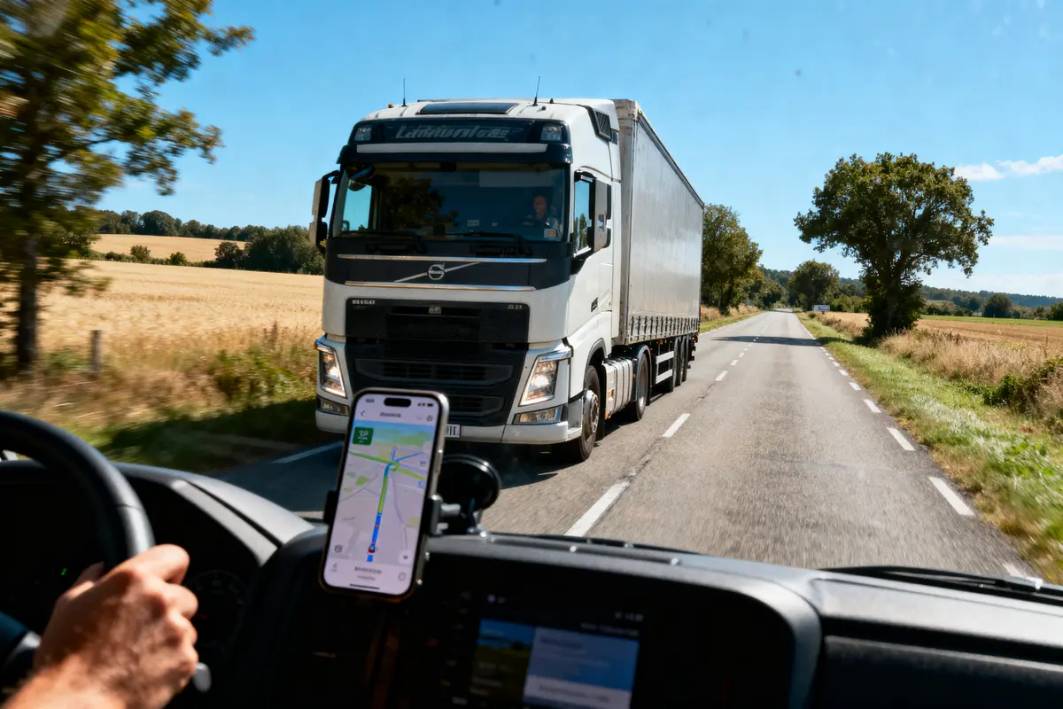 Vue intérieure d'un camion, GPS affiché, croisant un autre camion sur une route de campagne.