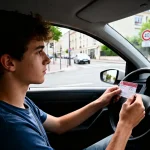 Un jeune homme conduit une voiture, regardant un document tenu en main. Panneau limitation 40 km/h visible.