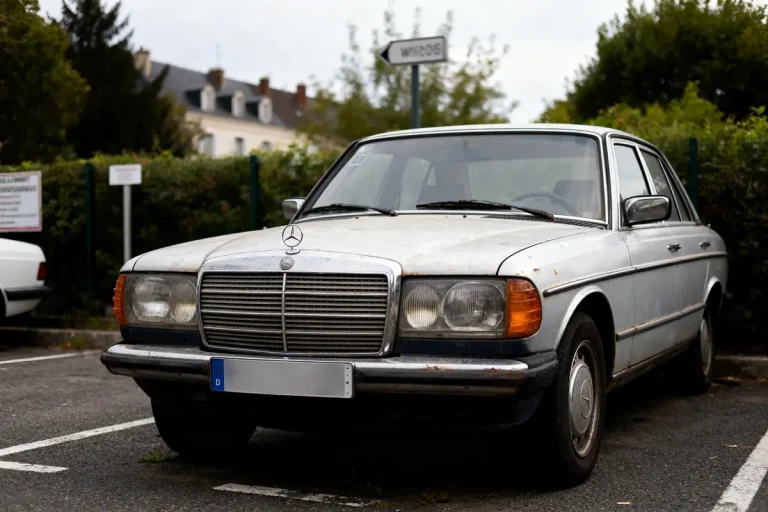 Voiture ancienne Mercedes grise stationnée dans un parking, bâtiments et arbres en arrière-plan.