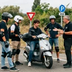 Quatre hommes discutent sur une route, un sur un scooter, portant casques et protections.