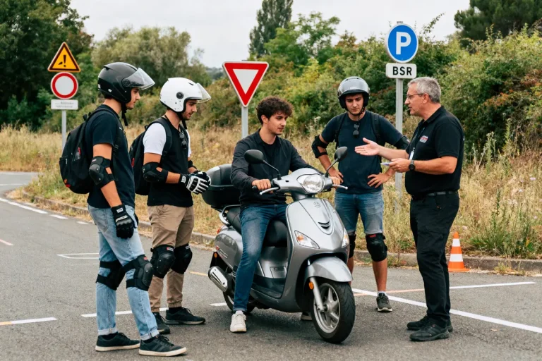 Quatre hommes discutent sur une route, un sur un scooter, portant casques et protections.
