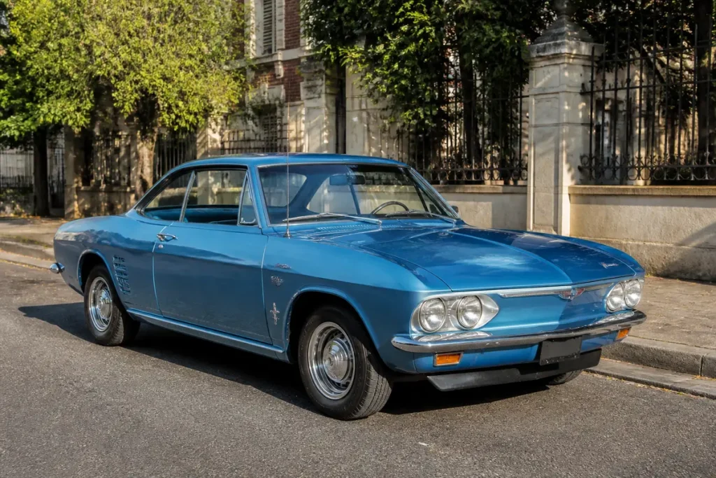 Voiture classique bleue garée sur une rue, entourée d'arbres et de bâtiments anciens.