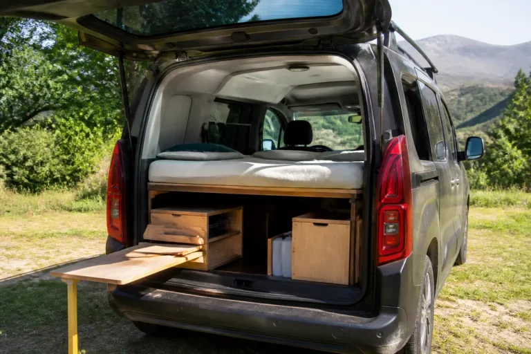Fourgon aménagé en camping-car, avec lit et espace de rangement, stationné dans un paysage naturel.