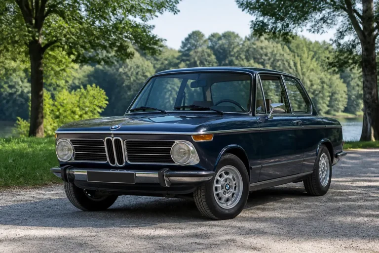 Voiture classique noire garée sur chemin, entourée d'arbres et de verdure, par temps ensoleillé.