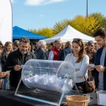 Des personnes participent à une tombola en plein air avec urne transparente et tentes colorées en arrière-plan.