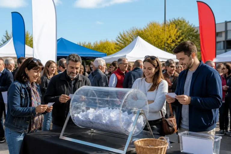 Des personnes participent à une tombola en plein air avec urne transparente et tentes colorées en arrière-plan.