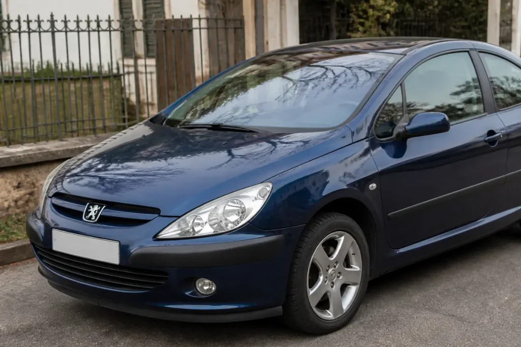 Voiture bleue modèle 307 Peugeot première version stationnée devant une maison ancienne