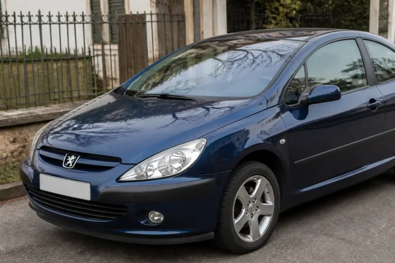 Voiture bleue modèle 307 Peugeot première version stationnée devant une maison ancienne