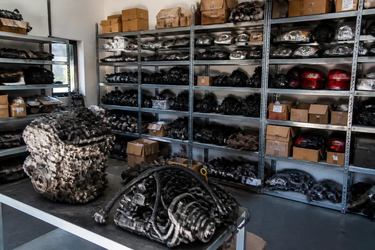 Pièces automobiles en rangement chez Piecesauto24 dans un entrepôt avec étagères métalliques