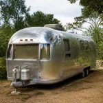 Caravane Airstream d'occasion stationnée dans un cadre verdoyant en plein air et silencieux