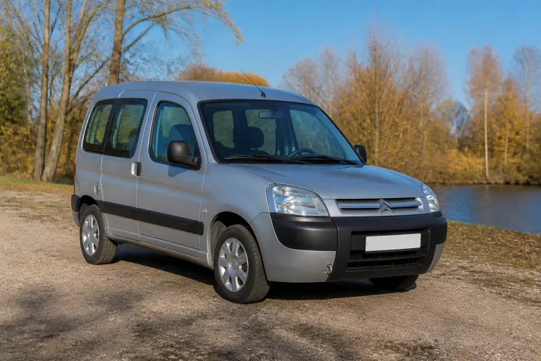 Citroën Berlingo phase 1 gris argenté garé devant un paysage automnal paisible