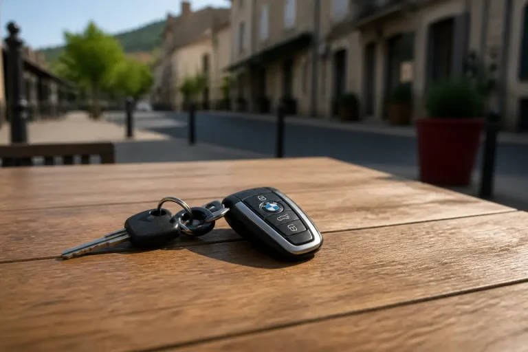 Clé de voiture BMW posée sur table en plein air devant rue calme