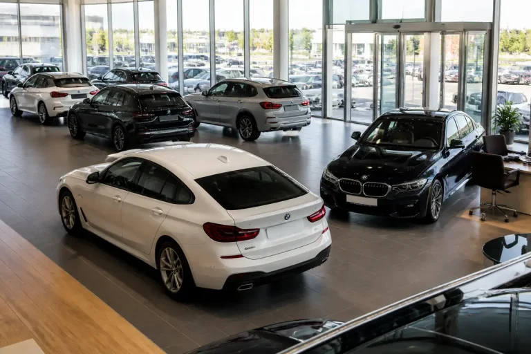 Salle d'exposition de voitures BMW à Rochefort avec divers modèles en vitrine