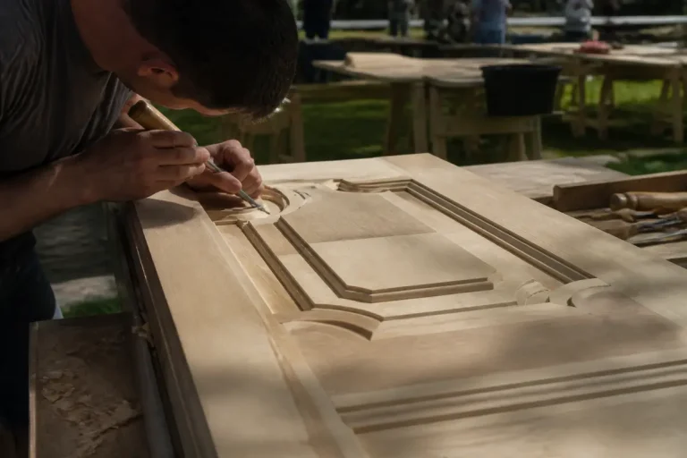 Artisan sculptant du bois pour un concours de boiserie en plein air