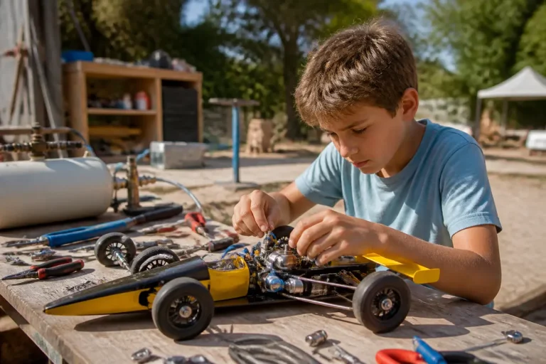 Enfant réparant une voiture miniature car 2.0 avec outils sur table en bois