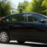 Voiture noire citroën c4 1 garée sur une route entourée de verdure