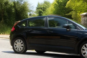 Voiture noire citroën c4 1 garée sur une route entourée de verdure