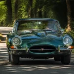 Voiture de collection verte Jaguar XK Type E sur route ombragée en forêt