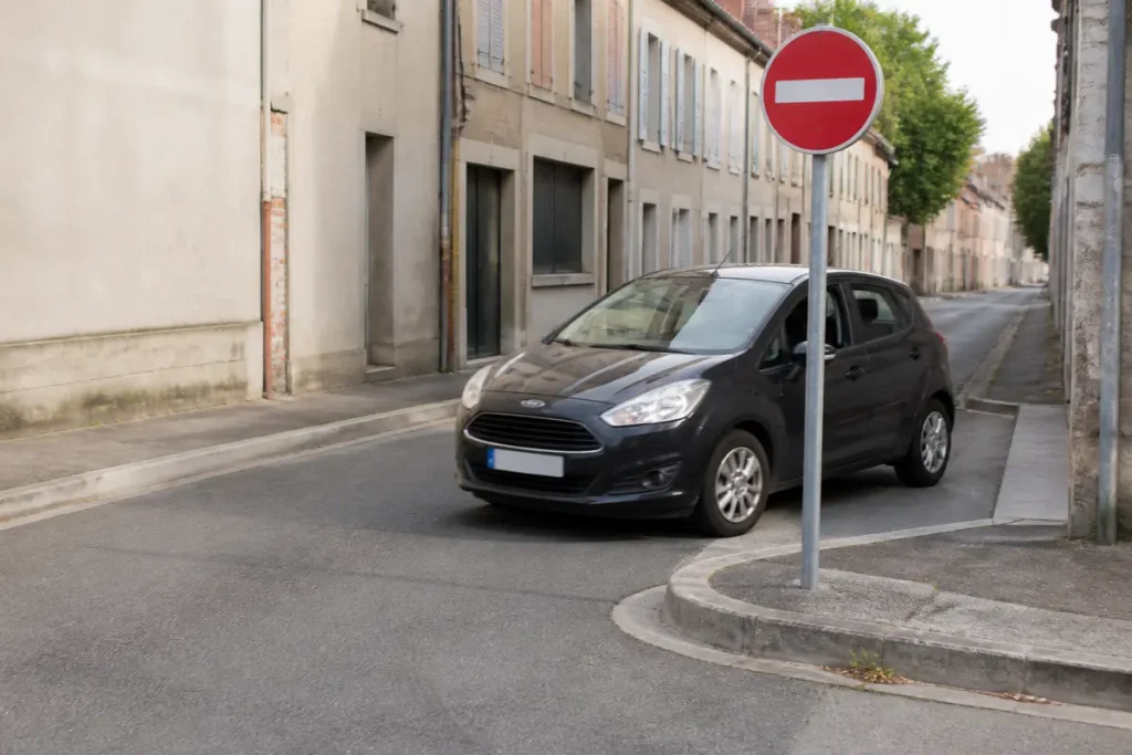 Voiture engagée dans une rue avec un panneau sens interdit involontairement fréquenté