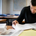 Étudiant concentré en salle d'étude se demande si la formation pour devenir taxi est difficile