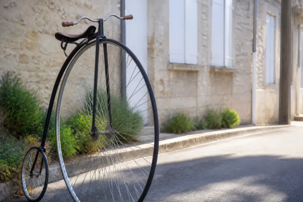 Vélo vintage, le grand bi, devant une maison en pierre avec volets blancs fermés