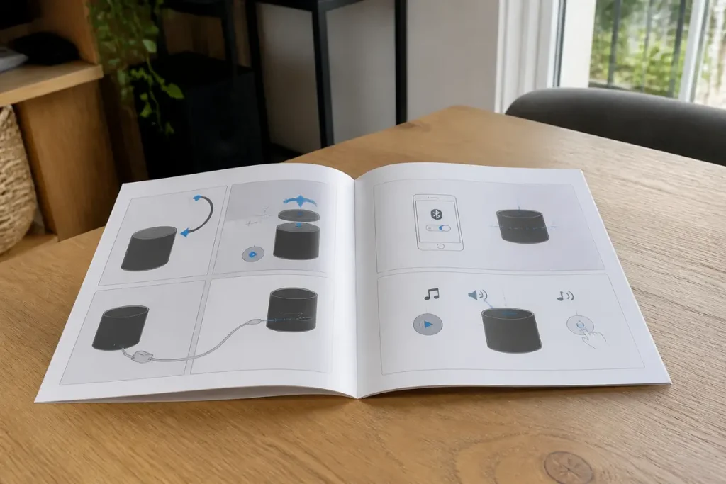 Notice illustrée d'un haut-parleur sur une table pour manuel d'utilisation