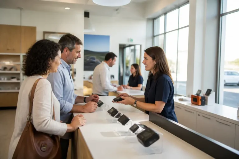 Clients achetant des badges télépéage Vinci dans un magasin lumineux avec assistance professionnelle