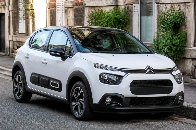 Citroën C3 blanche stationnée, modèle essence cinq portes, prix d'une C3 neuve abordable