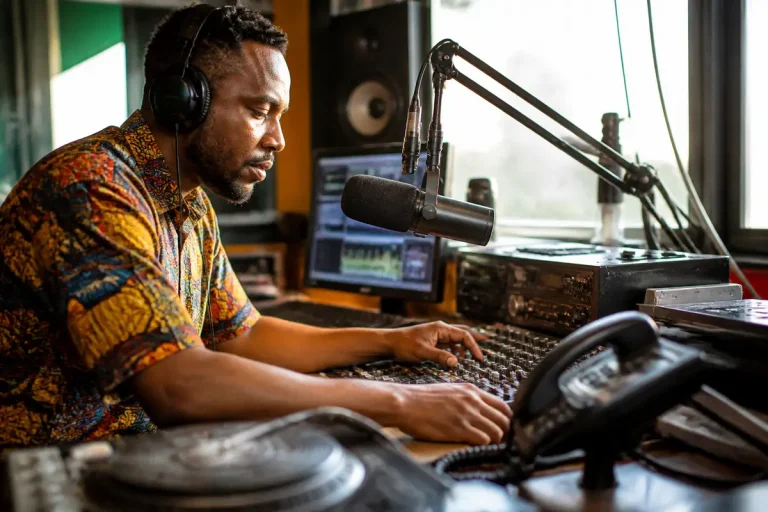 Animateur radio contrôlant la console dans le studio de Radio Alfa en direct