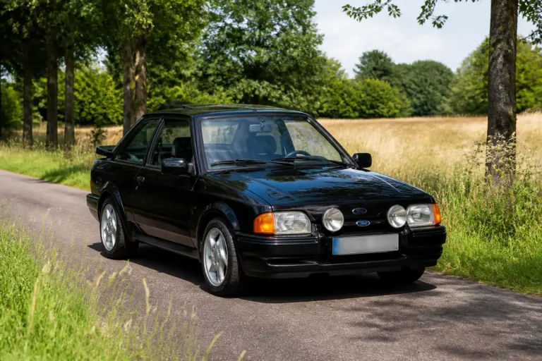 Voiture noire Ford Escort RS Turbo sur une route de campagne entourée d'arbres verts
