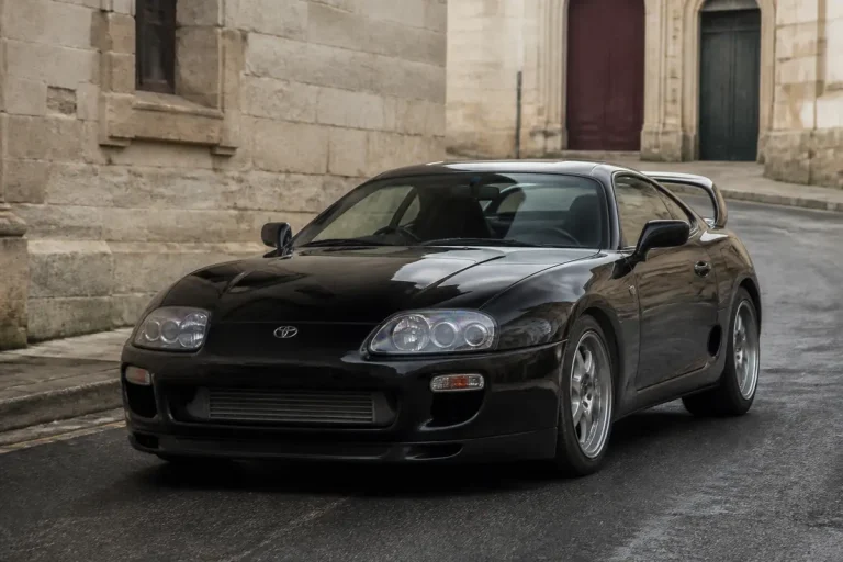 Toyota Supra MK4 noire garée, disponible en tant qu'occasion.