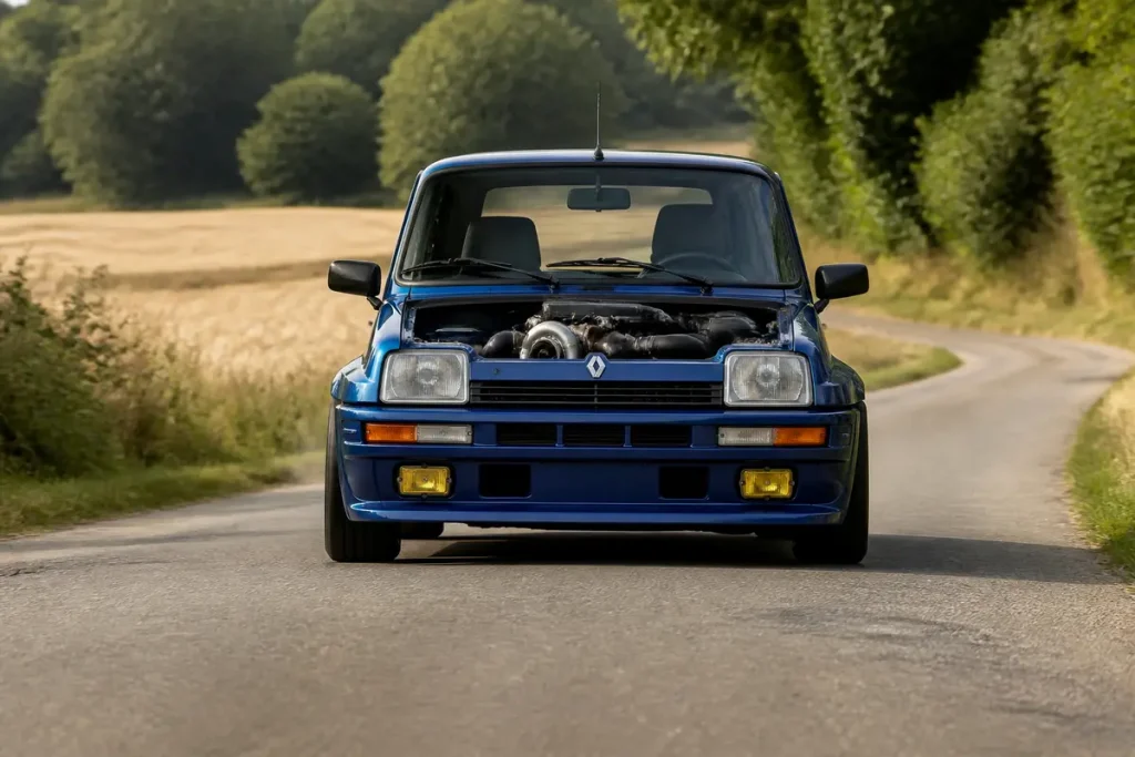 Voiture bleue Renault 5 Alpine sur route, capot ouvert montrant le turbo
