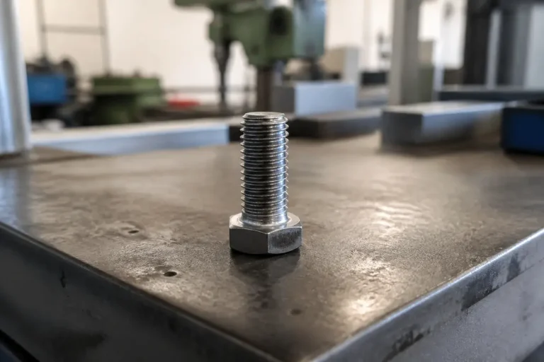 Gros plan sur une vis tête hexagonale posée sur une table en métal industriel