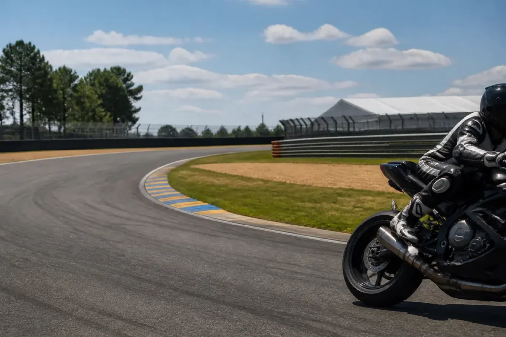 Motard prenant un virage sur le circuit de lebruitdumoteur.fr par temps ensoleillé