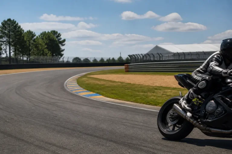 Motard prenant un virage sur le circuit de lebruitdumoteur.fr par temps ensoleillé